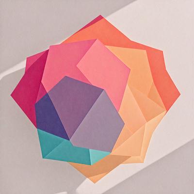 The primary subject of the image is a colorful geometric shape, which appears to be a three-dimensional model or a paper cutout. The shape is made up of different colors, including orange, pink, purple, and yellow. The setting is a white wall, which serves as a clean and uncluttered background for the vibrant geometric shape. The visual style of the image is a combination of digital art and illustration, as the geometric shape is both intricate and visually appealing. The overall atmosphere of the image is lively and cheerful, thanks to the bright colors and the playful geometric design.